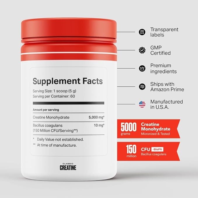 5000mg Micronized Creatine Monohydrate Powder + BioFit™ (Max Absorption) - Supports Muscle Growth, Strength, Endurance, Focus, Brain, Performance & Recovery - USA Made - Men & Women - 60 Servings