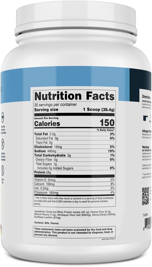 Transparent Labs Grass-Fed Whey Protein Isolate - Natural Flavor, Gluten Free Whey Protein Powder w/ 28g of Protein per Serving & 9 Essential Amino Acids - 30 Servings, Vanilla Peanut Butter