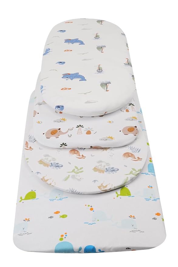 Bassinet Sheets Compatible with Chicco Lullago Anywhere & Baby Bjorn Cradle Bassinet, 2 Pack, 100% Jersey Knit Cotton 190GSM, Ultra Soft Breathable, Dolphin and Whale