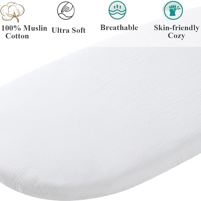 Muslin Bassinet Sheet Compatible with Snoo Smart Sleeper, Dream On Me Lacy Portable, Safety 1st Sleeper Bassinet, 2 Pack Cotton Fitted Bassinet Sheets for Baby White & Pink