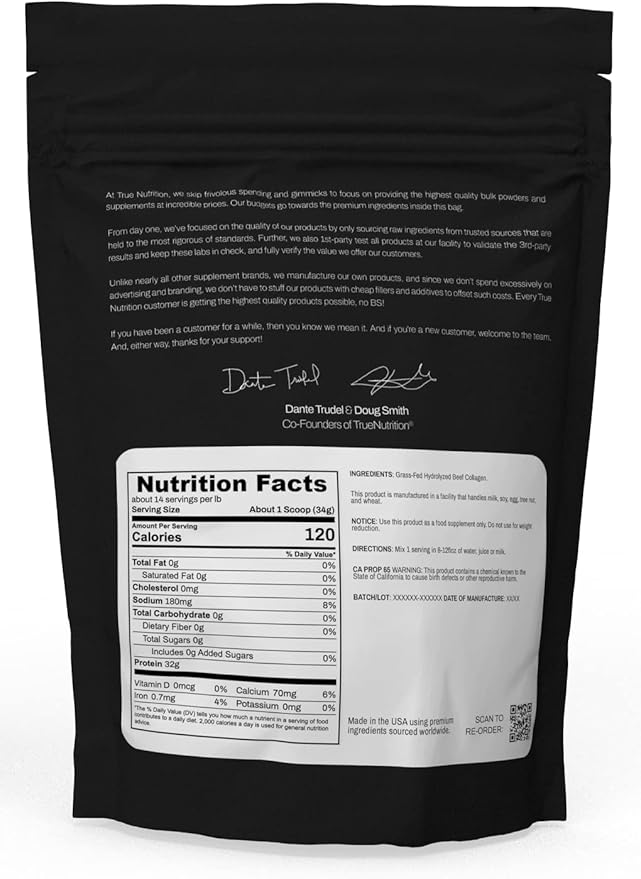 True Nutrition - Hydrolyzed Collagen Powder from Grass Fed Beef - Paleo Friendly, Gluten Free, Soy Free, Dairy Free, Non-GMO, Grass Fed Collagen Peptides Powder - Unflavored - 1LB