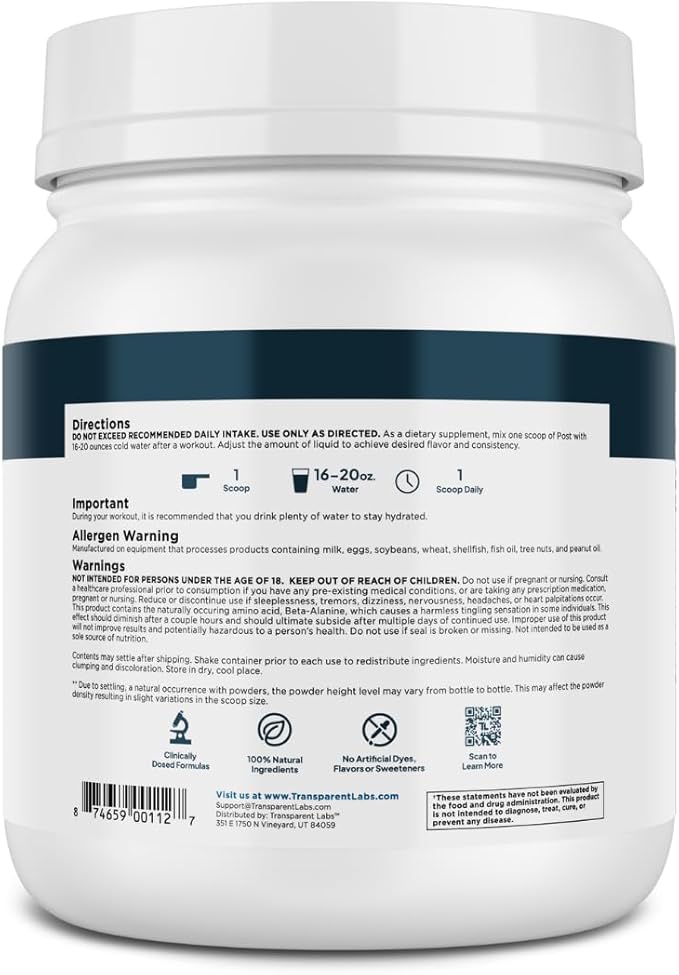 Transparent Labs Post - Post-Workout Recovery Muscle Builder with L-Glutamine, Beta-Alanine and BetaPure Betaine Anhydrous for Muscle Recovery and Muscle Building - 30 Servings, Black Cherry