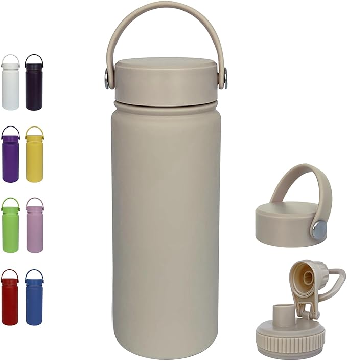 18oz Insulated Water Bottle ,Stainless Steel Sports Water Cup Flask with 2 Lids, Wide Mouth Travel Thermal Mug,Outdoor Sports Bottle(Cream apricot)
