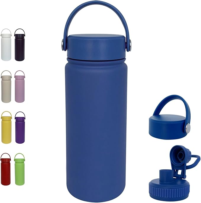 18oz Insulated Water Bottle ,Stainless Steel Sports Water Cup Flask with 2 Lids, Wide Mouth Travel Thermal Mug,Outdoor Sports Bottle(Dark Blue)