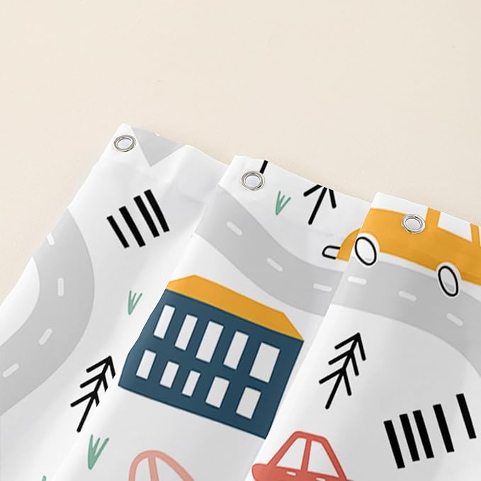 AILONEN Construction Truck Shower Curtain, Kids Cartoon Train Vehicle Tractor Cars Bath Curtain for Boys,White Road Map Bathroom Decor Waterproof Fabric 48" W*72" H Inch with 12 Plastic Hooks