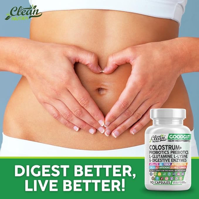 Colostrum Supplement Capsules Probiotics Pills Prebiotics, L-Glutamine, Digestive Enzymes, Folate, Fiber, ACV, Turmeric, Apple Pectin and Turmeric Clean Nutra Good Gut