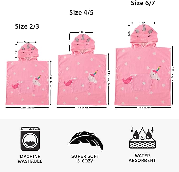 Boys and Girls Absorbent Hooded Beach Towel Pullover Character Microfiber Bath Towel with Side Snaps (Unicorn, 4-5)