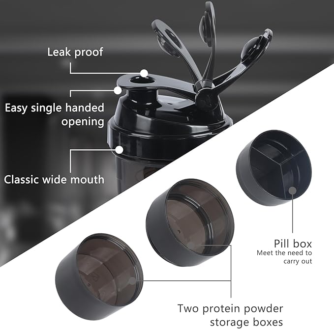 Shaker Bottle,Protein Shaker Bottle, 16 oz GYM Shaker Cup with shaker Ball,Shaker Cups for Protein Shakes, Drink Mixer Bottle with Storage,BAP Free,Leakproof,Black
