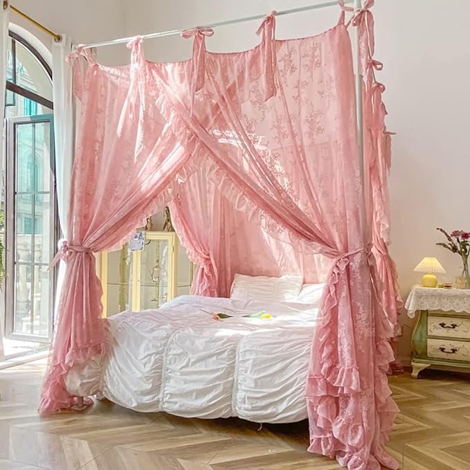 Mengersi Canopy Bed Curtains with Tie Backs,Princess Bed Canopy Curtains Bed Drapes Sheer Curtains for Bedroom Decor(Twin,Pink
