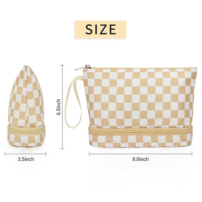 Ethereal Checkered Small Makeup Bag, Travel Makeup Brushes Organizer Bag for Women Purse Daily Double Layer Cosmetic Bag Portable Makeup Pouch, khaki
