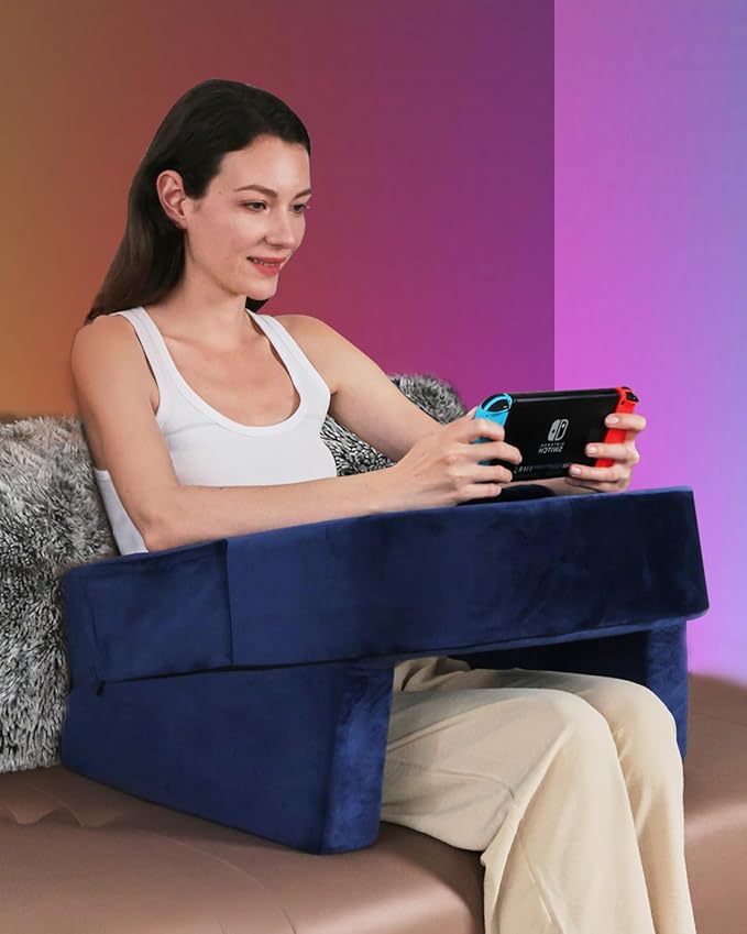 Weighted Idea Reading Pillow for Gaming, Meduim Gaming Pillow for Adult,Table Pillow with 2 Side Pockets for Gaming, Reading, Working Sitting in Bed Floor Sofa (Blue)