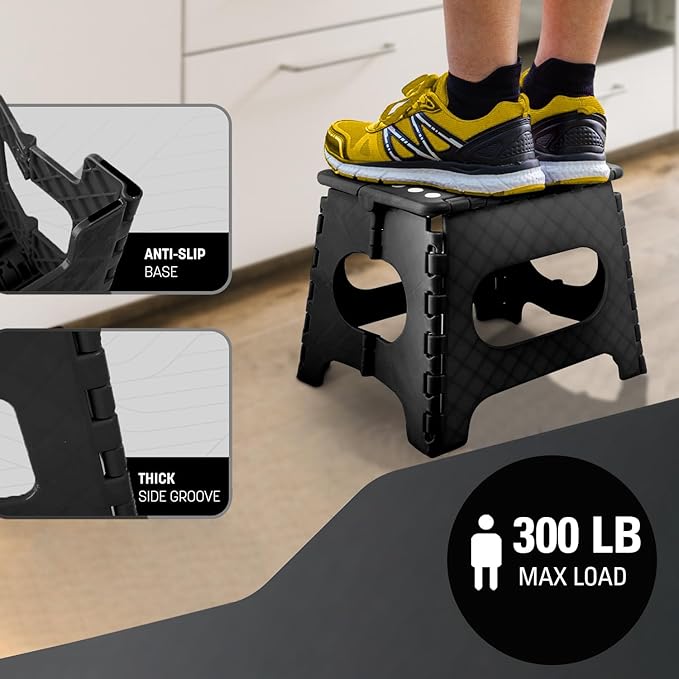 Folding 11inch Lightweight Step Stool - Compact & Portable - Sturdy Non-Slip Design for Kitchen, Bathroom - Durable & Space-Saving - Weight Capacity up to 300lbs - Black - Ideal for Adults and Kids