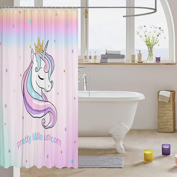 Feelyou Unicorn Bathroom Shower Curtain Set Cute Unicorn Bath Curtain for Kids Toddler Boys Girls Cartoon Unicorn Shower Curtain Girl Unicorn Kids Bathroom Accessories 72"x72"
