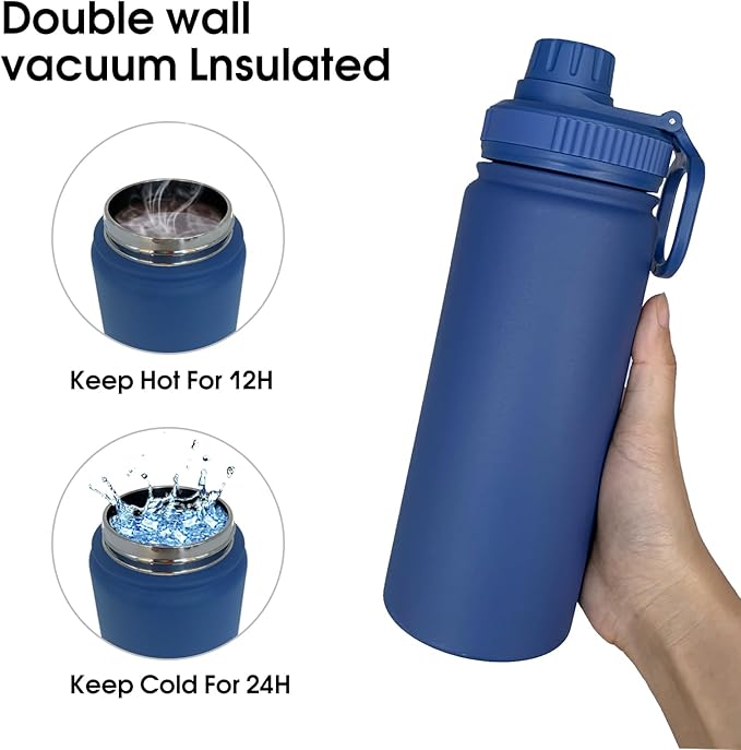 18oz Insulated Water Bottle ,Stainless Steel Sports Water Cup Flask with 2 Lids, Wide Mouth Travel Thermal Mug,Outdoor Sports Bottle(Dark Blue)