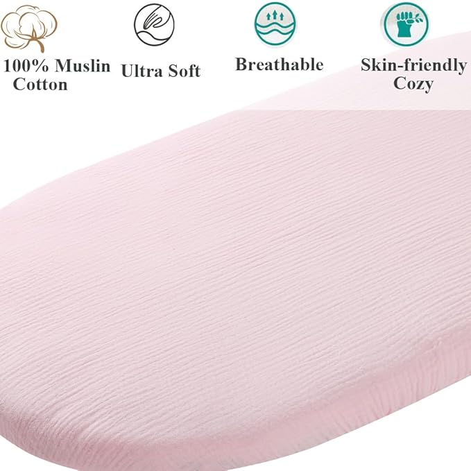 Muslin Bassinet Sheet Compatible with Mika Micky Bedside Sleeper 2 Pack Cotton Stylish Boho Fitted Bassinet Sheets Super Soft for Baby Grey & Pink