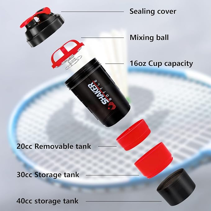 Shaker Bottle,16oz Protein Shaker Bottles with Mixing Ball, 3 in 1 Leak-proof GYM Shake Cup with Powder Storage & Pill Tray, Ideal for Workout,BPA Free(Red)