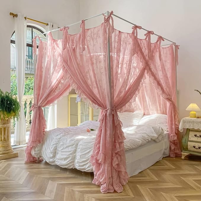 Mengersi Canopy Bed Curtains with Tie Backs,Princess Bed Canopy Curtains Bed Drapes Sheer Curtains for Bedroom Decor(Queen,Pink