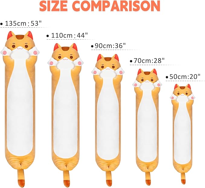 Long Cat Plush Kawaii Body Pillow, 44” Cute Brown Cat Stuffed Animals Soft Plushies, Orange Kitten Plush Throw Pillow Doll Toy Gift for Girlfriend