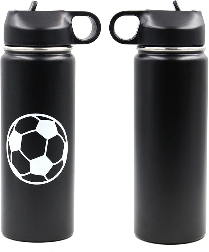 18 oz Soccer Water Bottle, Wide Mouth Travel Sports Flask with 2 Lids(Straw Lid+Flex Cap)BPA Free 18/8 Stainless Steel Double Wall Vacuum Insulated Water Bottles (18oz, Soccer)