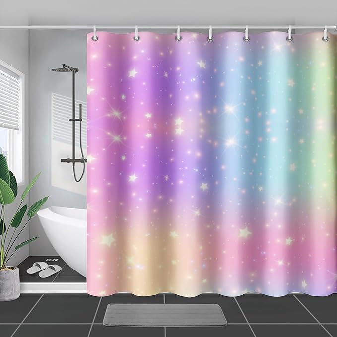 AILONEN Sparkling Stars Shower Curtain, Rainbow Shining Stars Cloth Bath Curtain Set for Girls Teens Kids Rainbow Lover,Fantasy Gradient Shower Curtain Liner,72" W*78" H