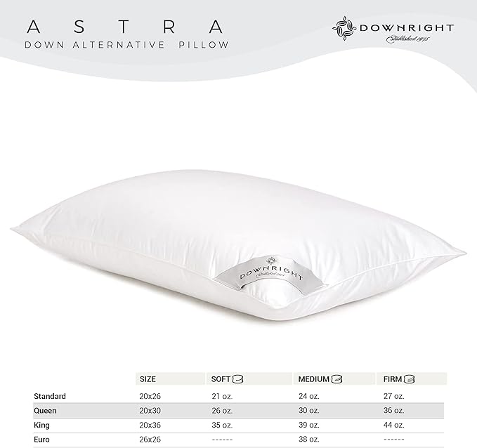 Downright 233 Thread Count 36 oz Astra Down-Like Pillow, 20" x 30", Queen 20 x 30