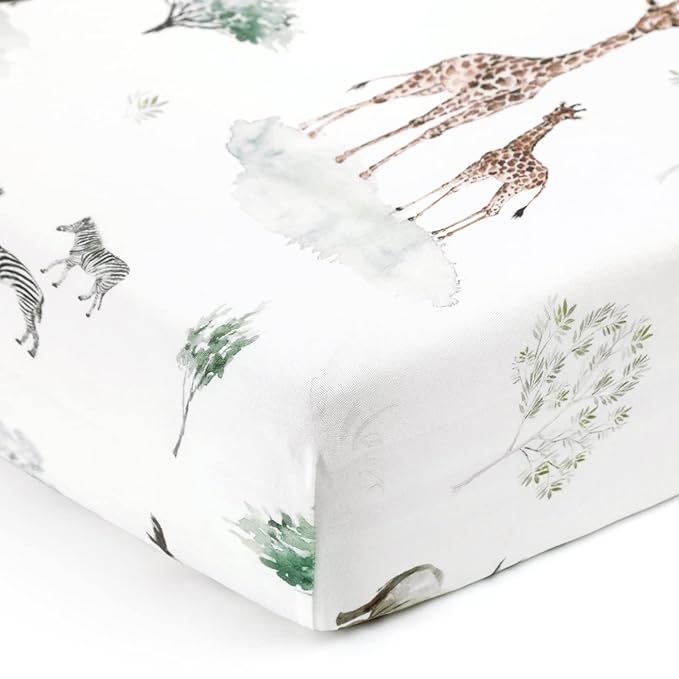 GRSSDER Stretch Ultra Soft Jersey Knit Fitted Crib Sheets Set 2 Pack,Fit All Standard Crib Mattress Pads Safe and Snug, Crib Fitted Sheet for Boys and Girls, Pretty African Savannah Animals Pattern