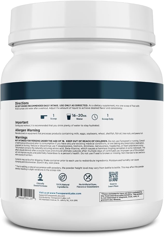 Transparent Labs Post - Post-Workout Recovery Muscle Builder with L-Glutamine, Beta-Alanine and BetaPure Betaine Anhydrous for Muscle Recovery and Muscle Building - 30 Servings, Strawberry Lemonade