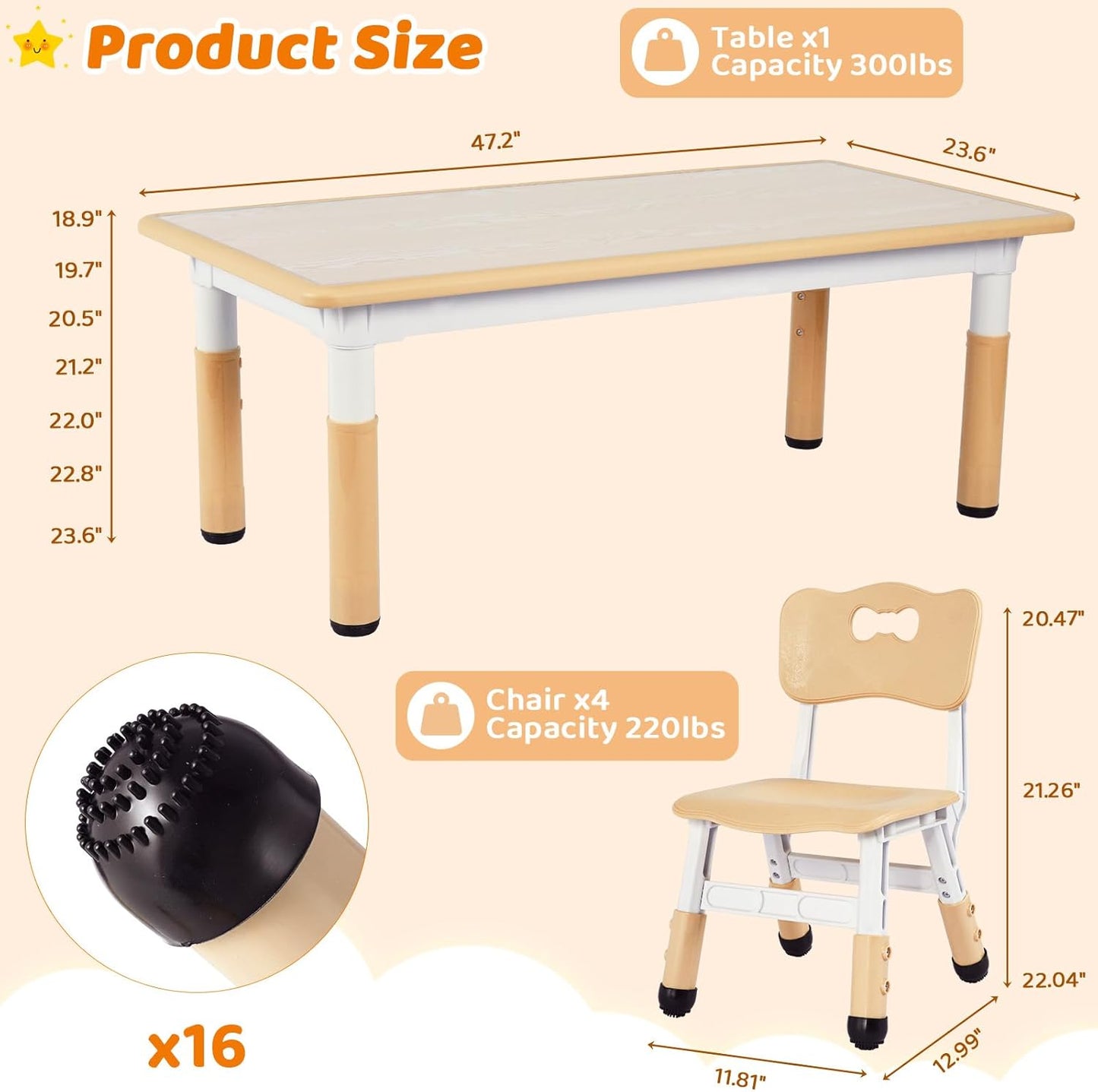 Kids Table and 6 Chairs Set, Height Adjustable Graffiti Desk, Preschool Activity Art Craft Table, for Daycare Classroom Home Boys and Girls Age 3-12 (Beige)