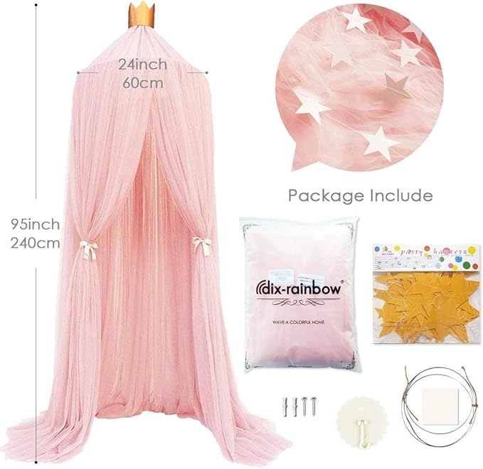 Bed Canopy Mosquito Net with Star Lights,Princess Play Canopy for Girls Room - Dome Net Curtains for Baby Game Dream Castle, Girls Room Decor, Pink