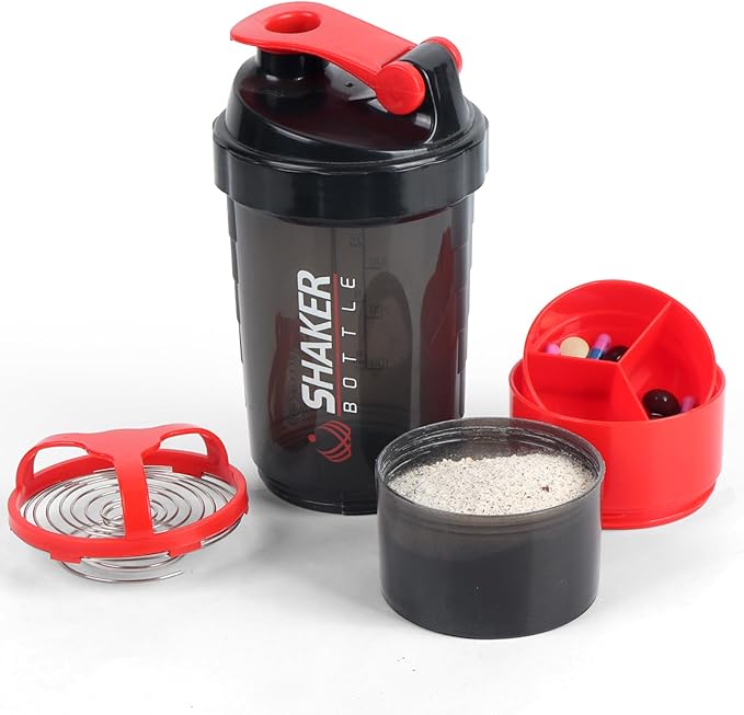 Shaker Bottle,16oz Protein Shaker Bottles with Mixing Ball, 3 in 1 Leak-proof GYM Shake Cup with Powder Storage & Pill Tray, Ideal for Workout,BPA Free(Red)