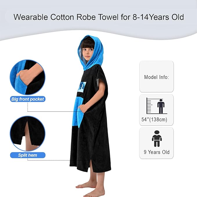 VOOVA & MOVAS Black Changing Robe for Teens,8-14Years,Thick 100% Cotton, Absorbent Hooded Towels for Girls|Boys,Surf Poncho for Pool, Beach, Bath,Swim