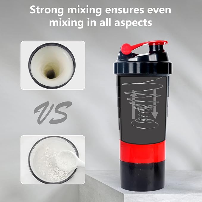 Shaker Bottle,16oz Protein Shaker Bottles with Mixing Ball, 3 in 1 Leak-proof GYM Shake Cup with Powder Storage & Pill Tray, Ideal for Workout,BPA Free(Red)