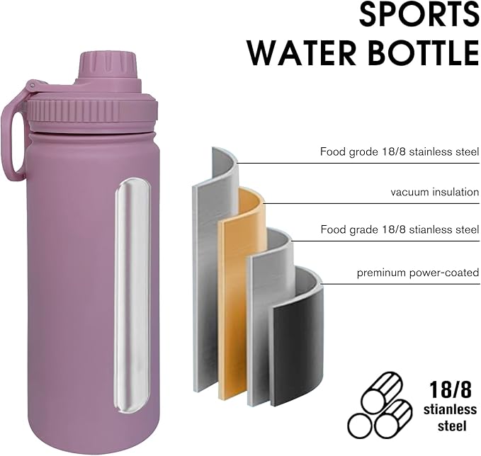 18oz Insulated Water Bottle ,Stainless Steel Sports Water Cup Flask with 2 Lids, Wide Mouth Travel Thermal Mug,Outdoor Sports Bottle(Jelly Purple)