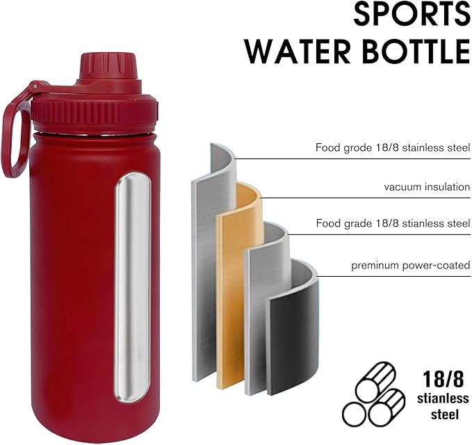 18oz Insulated Water Bottle ,Stainless Steel Sports Water Cup Flask with 2 Lids, Wide Mouth Travel Thermal Mug,Outdoor Sports Bottle(Deep red)
