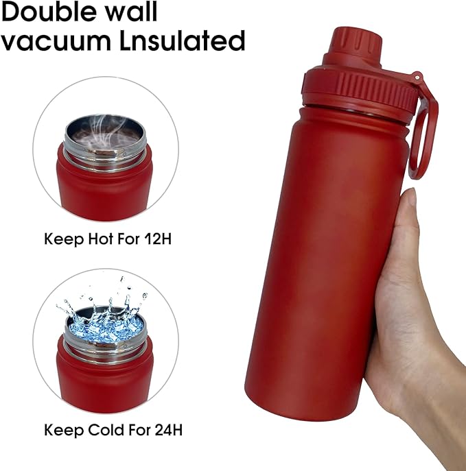 18oz Insulated Water Bottle ,Stainless Steel Sports Water Cup Flask with 2 Lids, Wide Mouth Travel Thermal Mug,Outdoor Sports Bottle(Deep red)