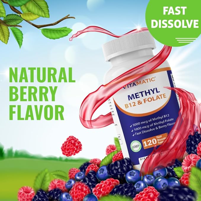 Vitamatic Methyl Folate & B12 Supplement with Pyridoxal 5 Phosphate (P-5-P) - Promotes Cardiovascular Health & Energy Metabolism - 120 Fast Dissolve Tablets - Non GMO & Gluten Free