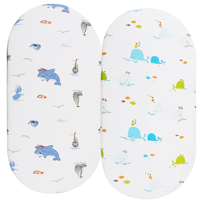 Bassinet Sheets Compatible with Chicco Lullago Anywhere & Baby Bjorn Cradle Bassinet, 2 Pack, 100% Jersey Knit Cotton 190GSM, Ultra Soft Breathable, Dolphin and Whale
