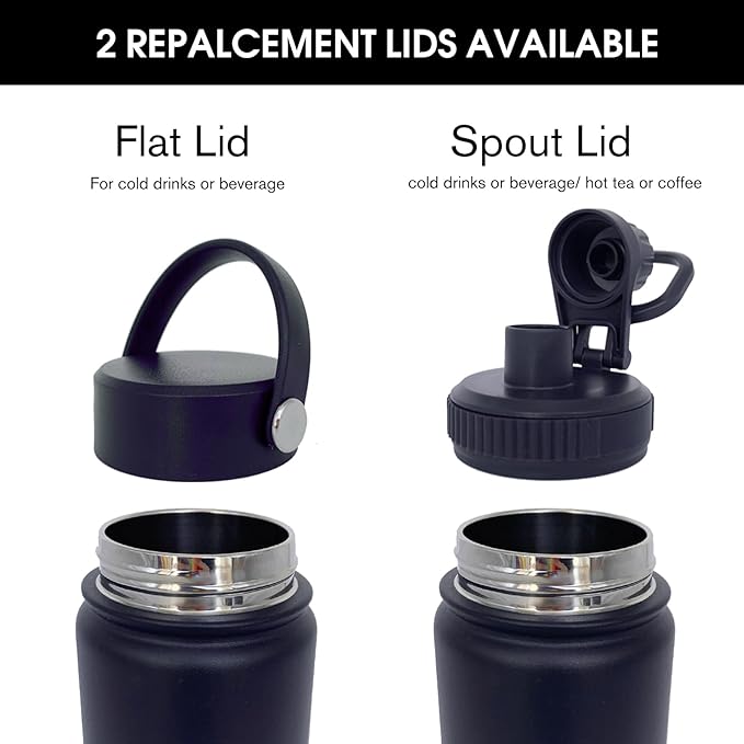18oz Insulated Water Bottle ,Stainless Steel Sports Water Cup Flask with 2 Lids, Wide Mouth Travel Thermal Mug,Outdoor Sports Bottle(Blue Black)