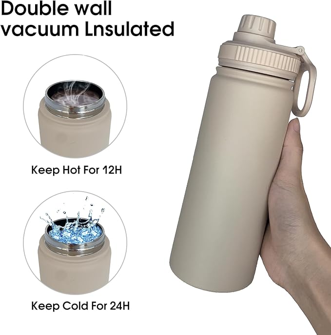 18oz Insulated Water Bottle ,Stainless Steel Sports Water Cup Flask with 2 Lids, Wide Mouth Travel Thermal Mug,Outdoor Sports Bottle(Cream apricot)