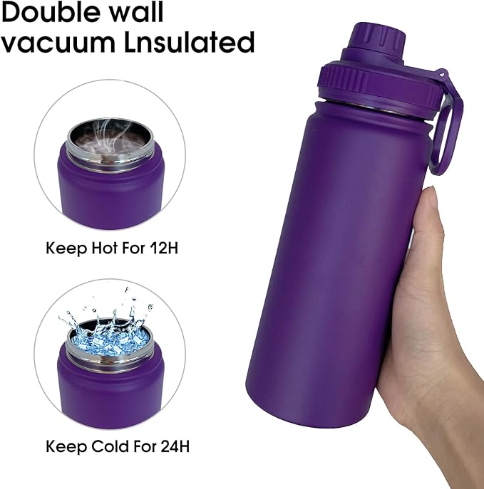 18oz Insulated Water Bottle ,Stainless Steel Sports Water Cup Flask with 2 Lids, Wide Mouth Travel Thermal Mug,Outdoor Sports Bottle(Purple)