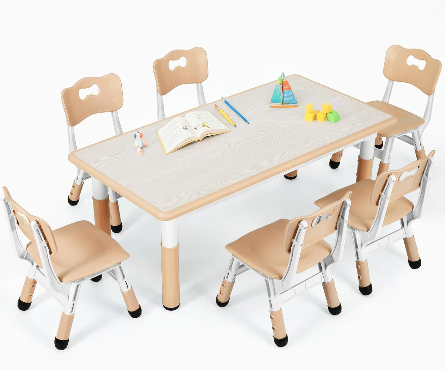 Kids Table and 6 Chairs Set, Height Adjustable Graffiti Desk, Preschool Activity Art Craft Table, for Daycare Classroom Home Boys and Girls Age 3-12 (Beige)