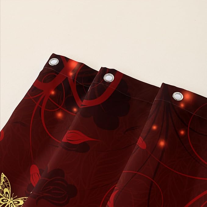AILONEN Rose Butterfly Waterproof Curtain,Red and Gold Butterfly Floral Bath Curtain,Modern Chic Flower Polyester Fabric Red Curtain with 12 Plastic Hooks, 72" W x 96" H