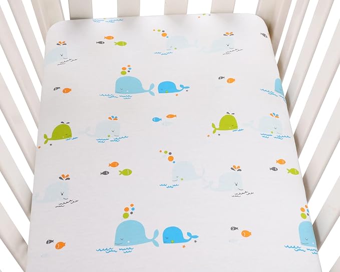 Bassinet Sheets Compatible with Chicco Lullago Anywhere & Baby Bjorn Cradle Bassinet, 2 Pack, 100% Jersey Knit Cotton 190GSM, Ultra Soft Breathable, Dolphin and Whale