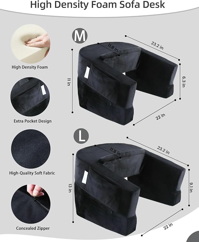 Weighted Idea Reading Pillow for Gaming, Extra Large Arm Rest Pillow for Adult,Lap Desk Pillow Gaming Pillow with 2 Side Pockets for Gaming, Reading, Working Sitting in Bed Floor Sofa (Black)