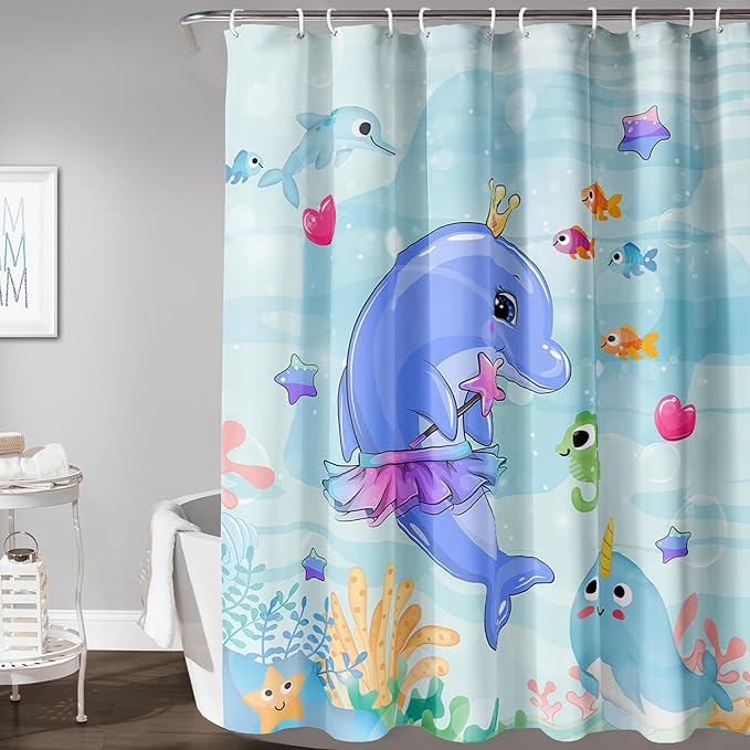 AILONEN Cute Dolphin Shower Curtain for Bathroom, Dolphin Fish Ocean Bath Curtain,Modern Minimalist Blue Waterproof Fabric Shower Curtain Set with Hooks 48" W*72" H