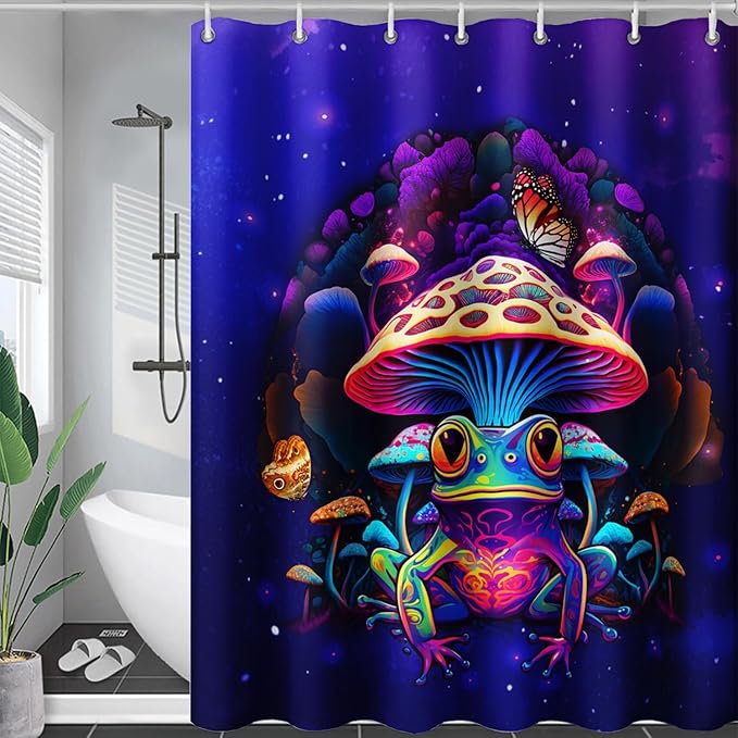 AILONEN Colorful Frog Shower Curtains,Poisonous Mushroom Printed Bath Curtains for Kids,Purple Polyester Waterproof for Bathroom,72" W*96" H with 12 Plastic Hooks