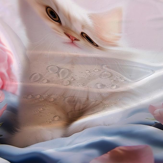 AILONEN 3D Beautiful Cat Shower Curtain,Kawaii Kitten Shower Curtain Set for Kids Boys Girls,Cat Lovers Animal Shower Curtain for Bathroom,Pink Rose Bath Curtain with Hooks,72" W*78" H