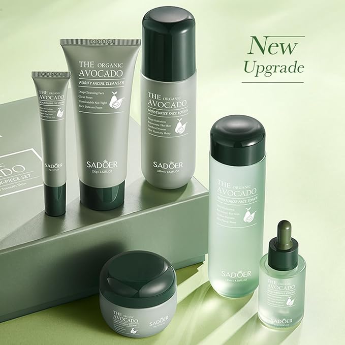6Pcs Avocado Skincare Set, 6-In-1 Hydrating Skincare Gift Kit with Facial Cleanser, Face Toner, Anti-wrinkle Serum, Face Lotion, Face Cream & Eye Cream, Moisturizing Anti-Aging Skin Care Kit