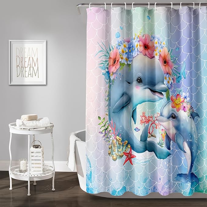 AILONEN Cute Dolphin Shower Curtain,Color Mermaid Scale Print Shower Curtain with 12 Plastic Hooks,Kawaii Ocean Dolphin Print Bath Curtain Decorative Waterproof 72" W*84" H