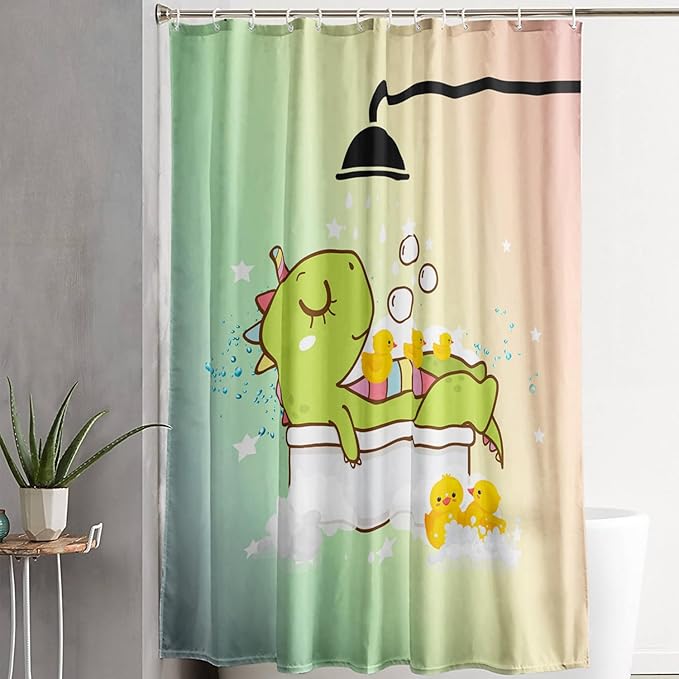 AILONEN Cartoon Shower Dinosaur Shower Curtain for Kids,Funny Green Dinosaur Shower Curtain Set with Hooks,72" W*72" H